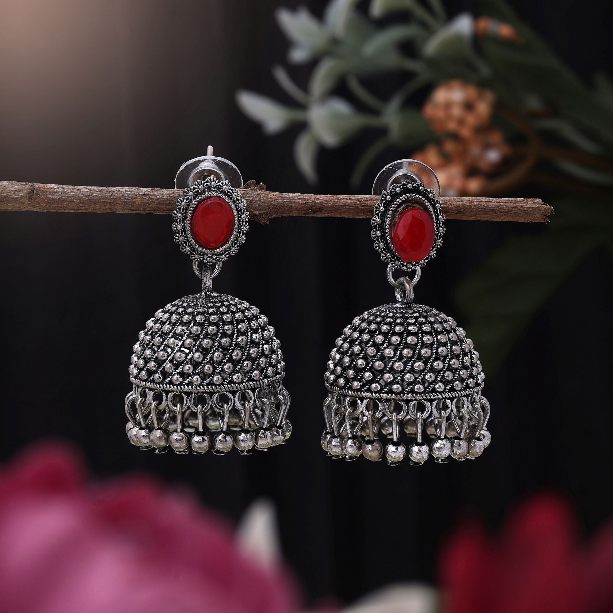 Stylish Red Color Oxidised Earrings Perfect For Brides, Parties, And Cultural Event Jewelry Collections