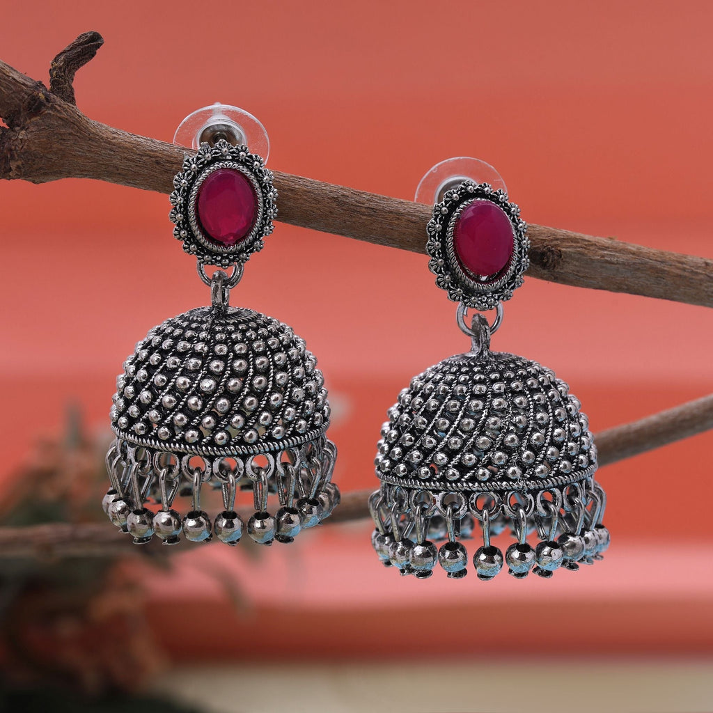 Attractive Rani Color Oxidised Earrings Designed For Brides, Cultural Outfits, And Party Ethnic Jewelry