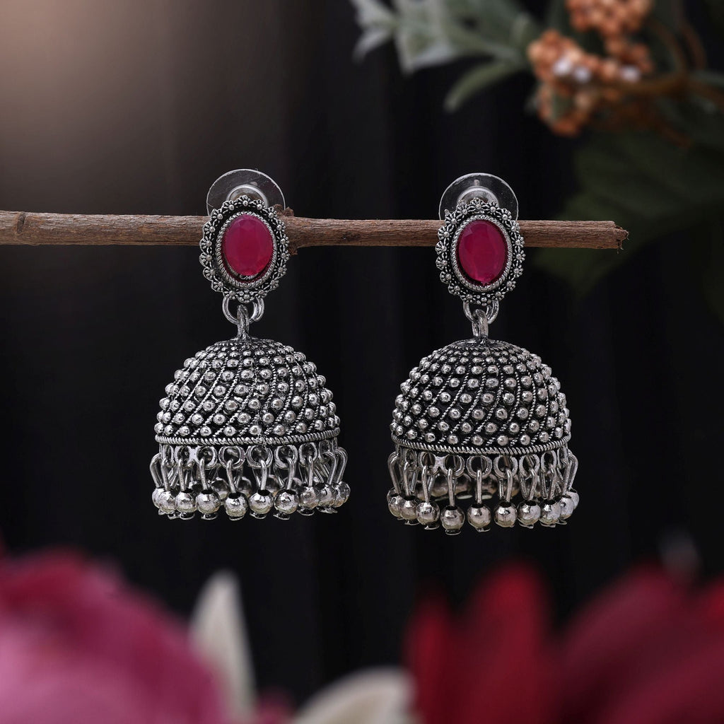 Attractive Rani Color Oxidised Earrings Designed For Brides, Cultural Outfits, And Party Ethnic Jewelry
