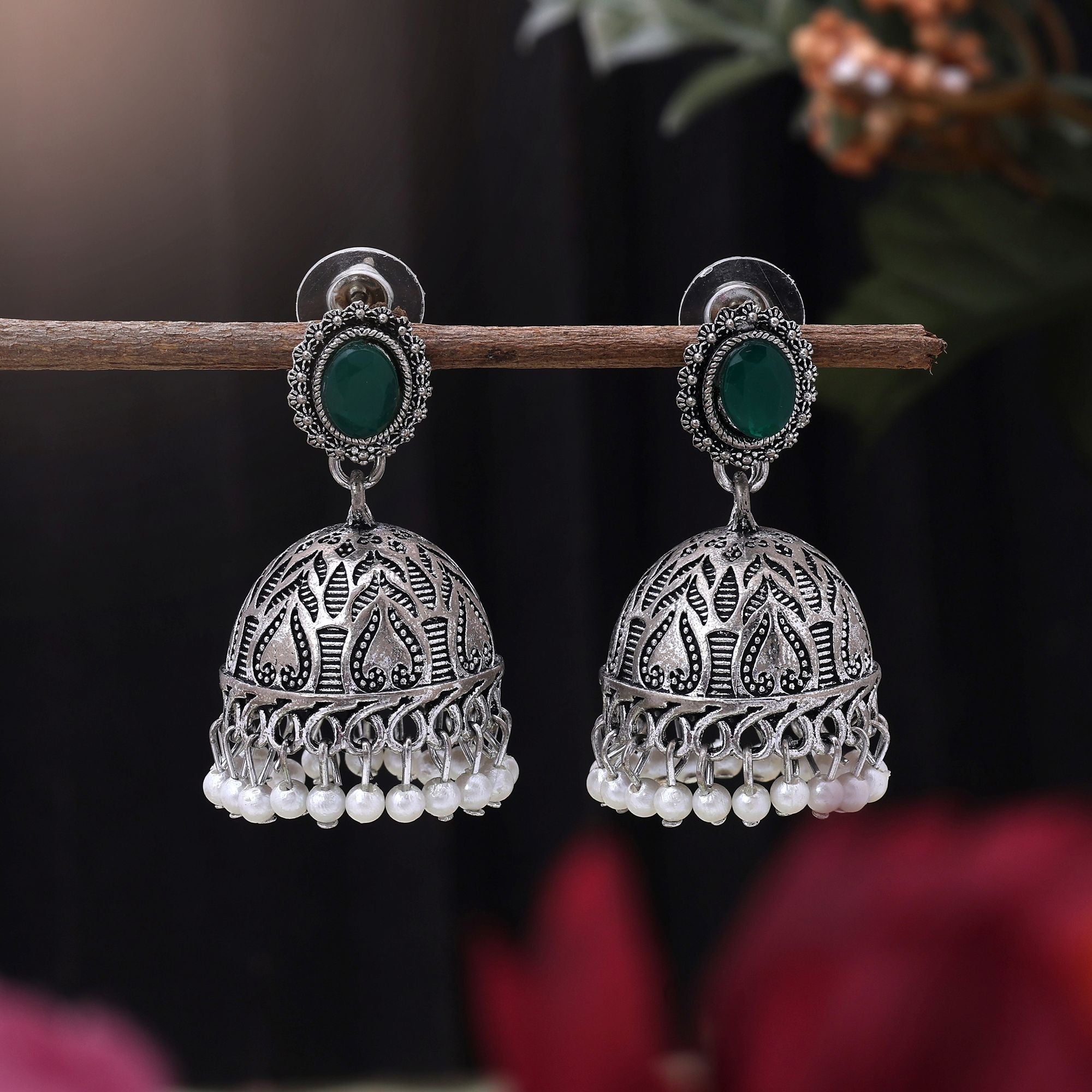 Elegant Green Color Oxidised Earrings Crafted For Brides, Functions, And Women’S Traditional Jewelry Styling