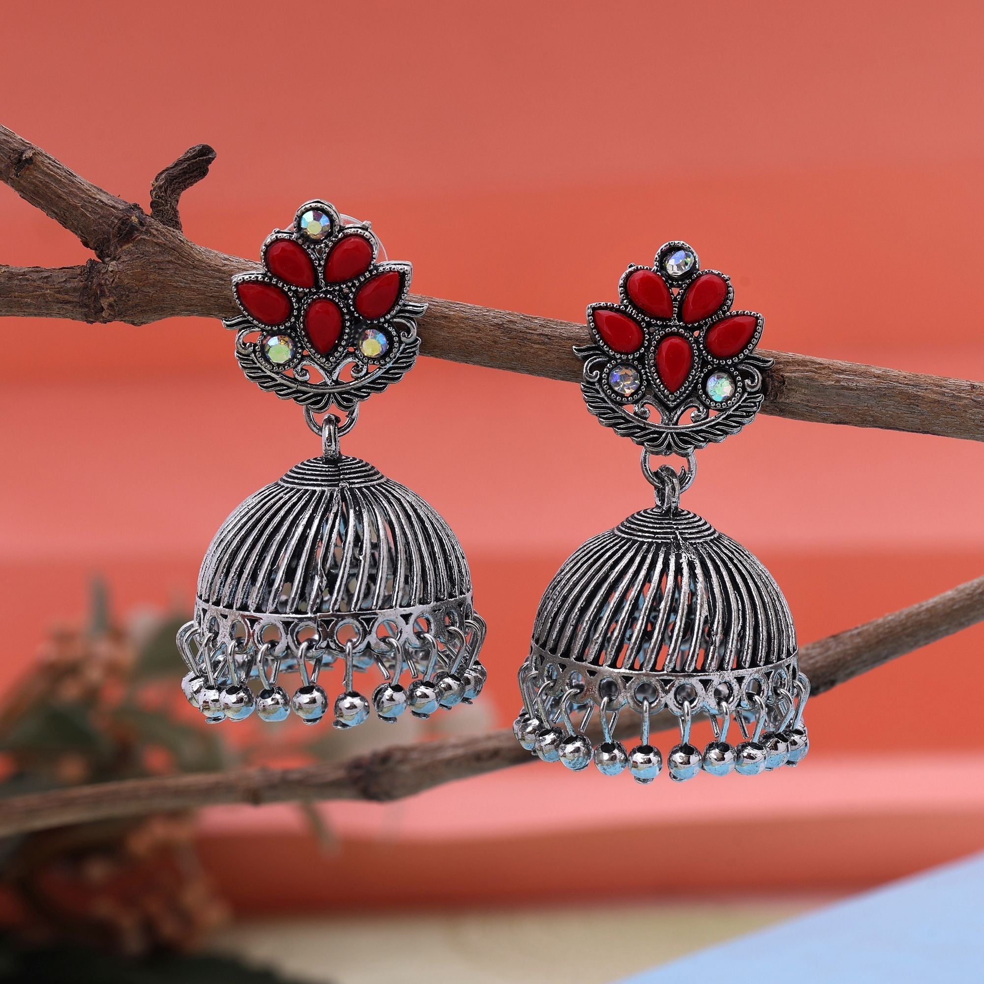 Stylish Red Color Oxidised Earrings Designed For Weddings, Brides, And Women’S Party Outfits Jewelry