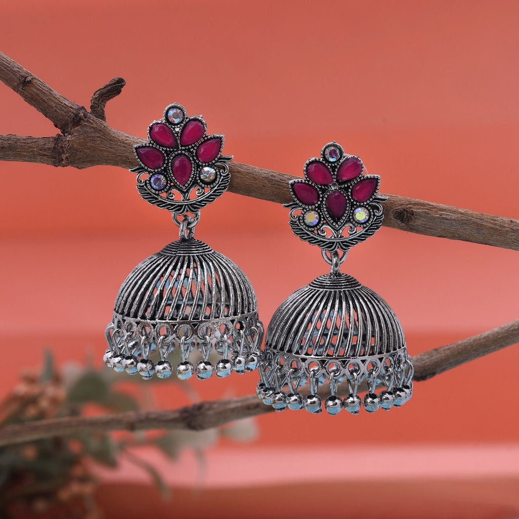 Gorgeous Rani Color Oxidised Earrings Crafted With Handmade Artistic Detailing For Parties And Wedding Looks