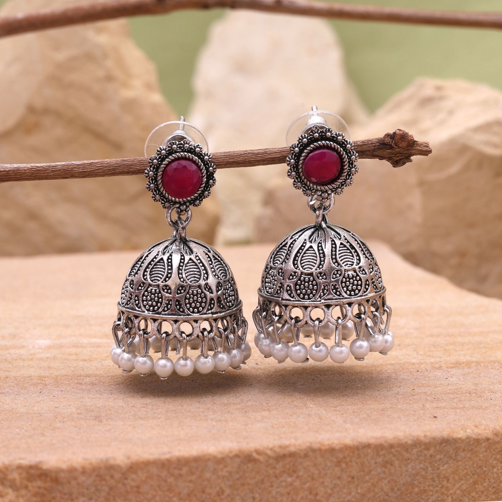 Stylish Red Color Oxidised Earrings Perfect For Wedding, Party, And Festive Outfits