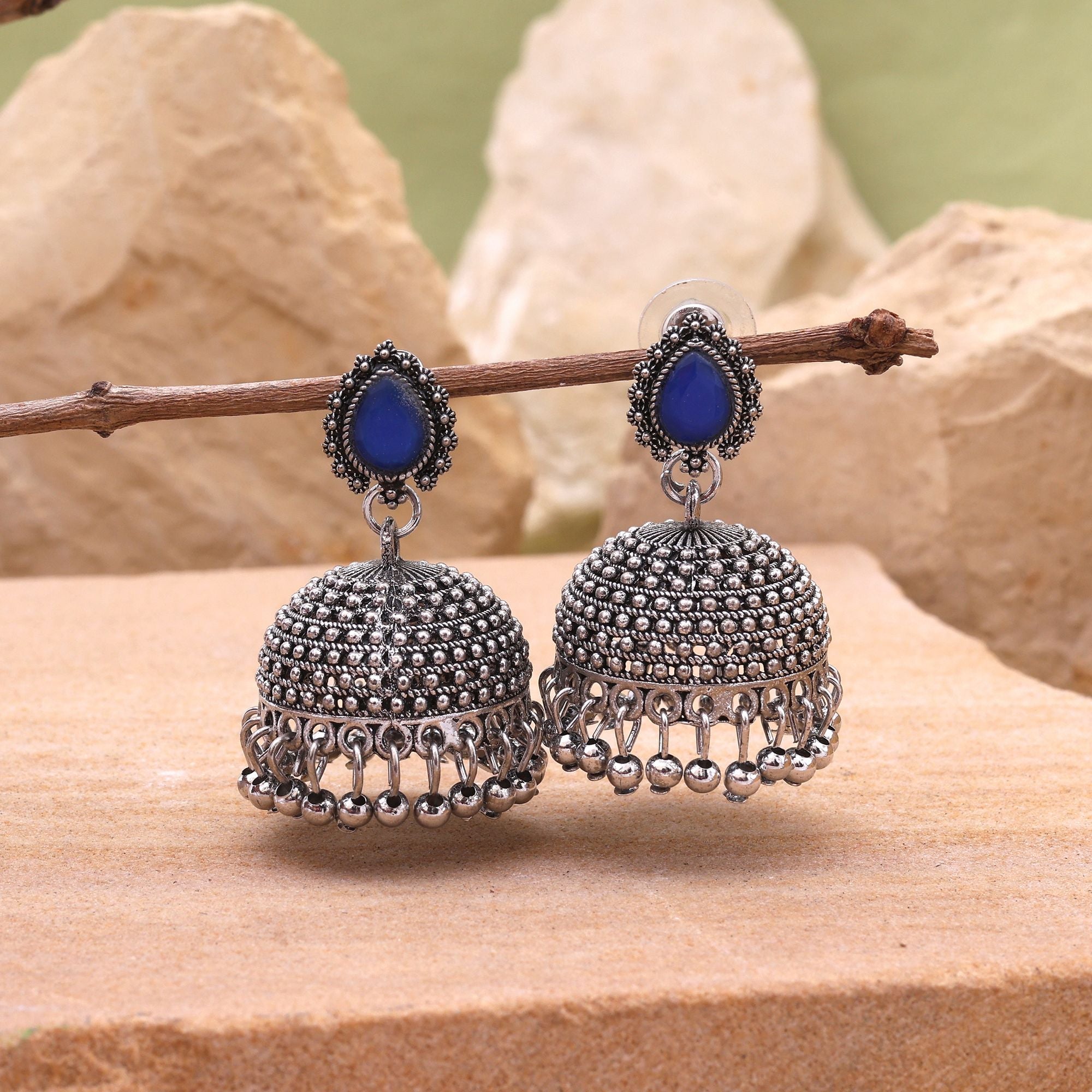 Stunning Blue Color Oxidised Earrings With Traditional Artistic Design For Party And Wedding Wear