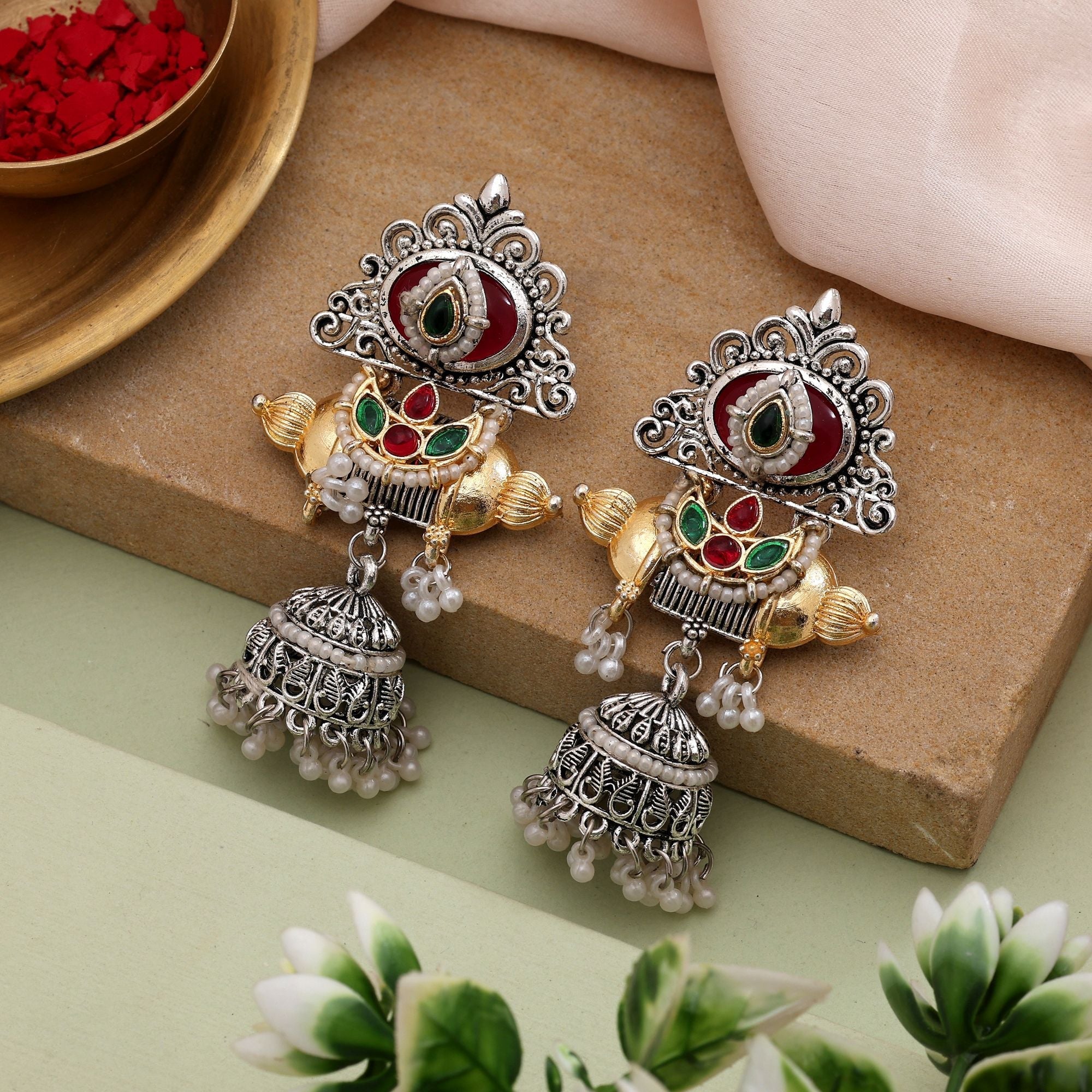 Stunning Gold & Silver Color Dual Tone Oxidised Earrings With Artistic Detailing