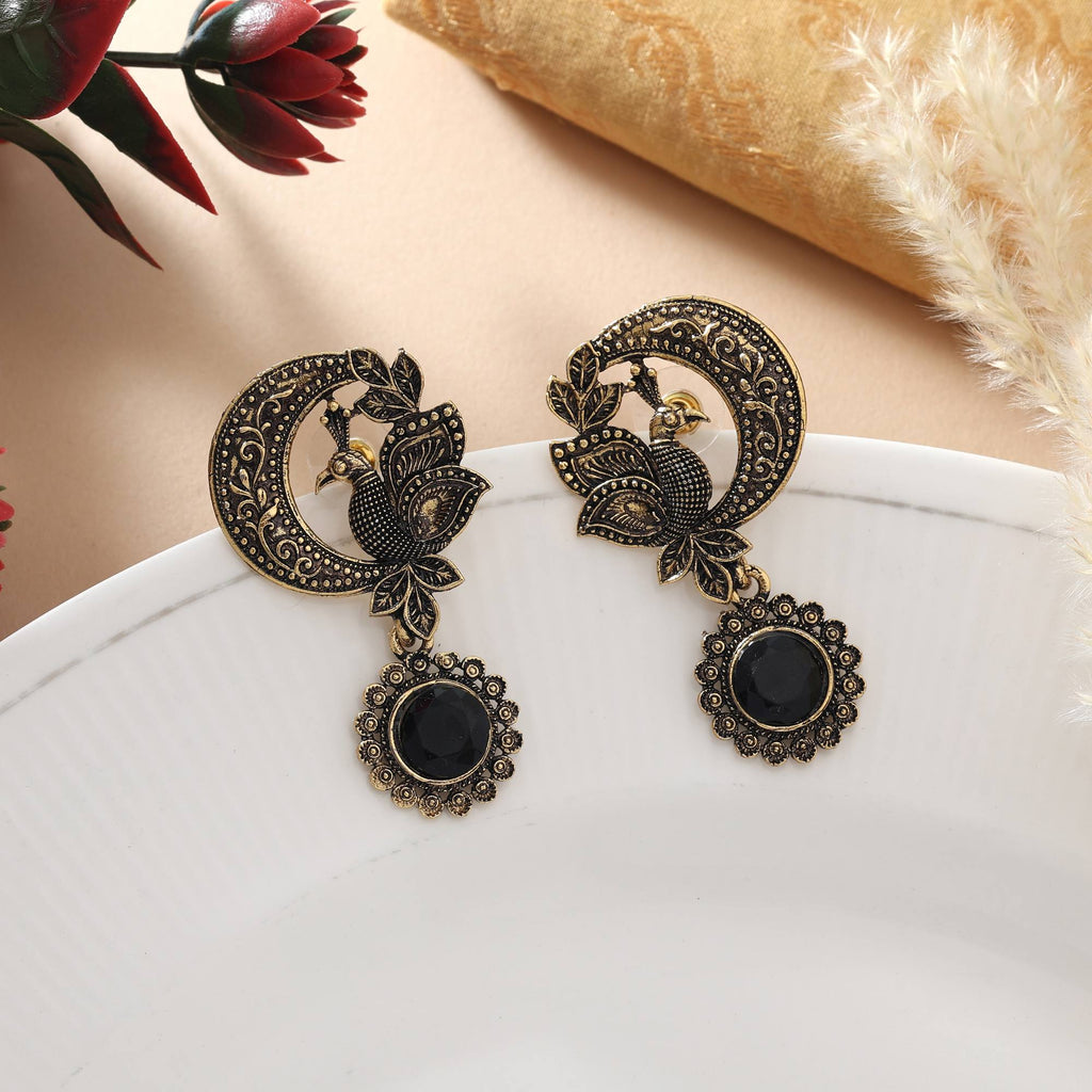 Black Color Oxidised Earrings With Mirror Work Design For Festive Wear