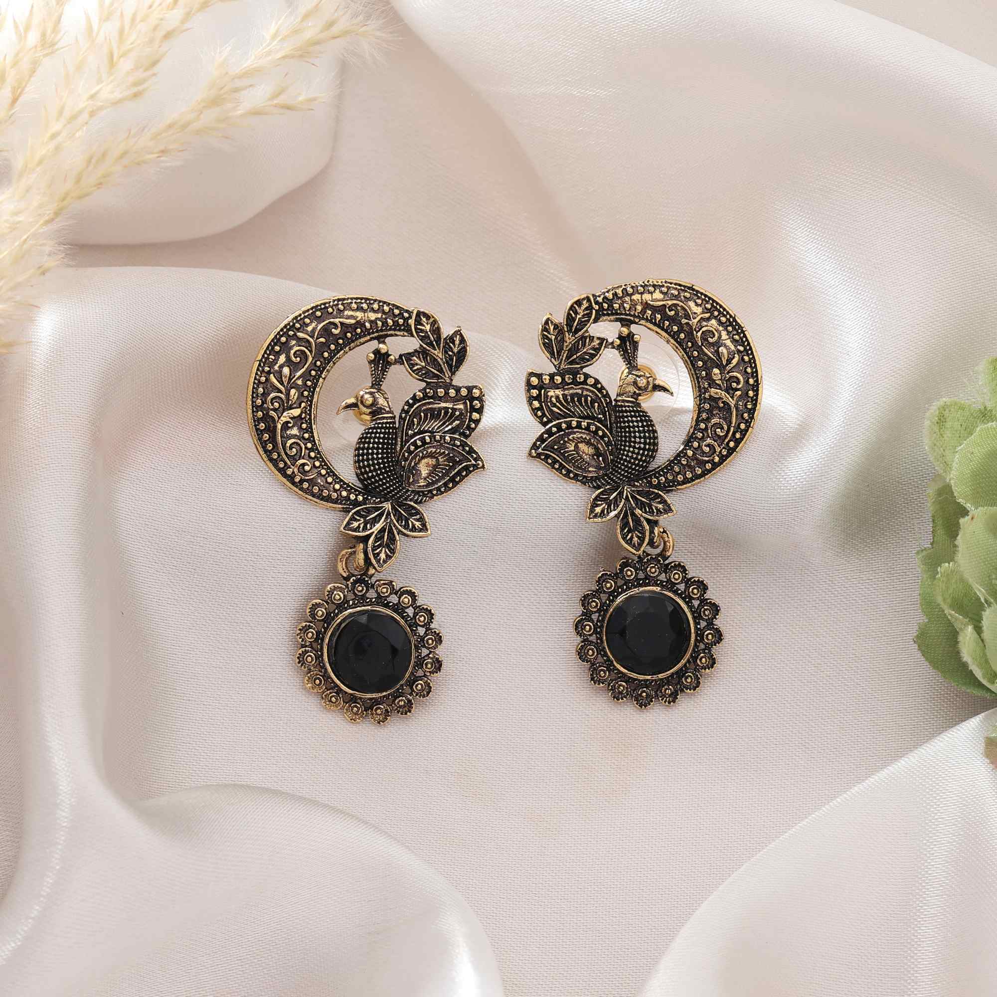 Black Color Oxidised Earrings With Mirror Work Design For Festive Wear