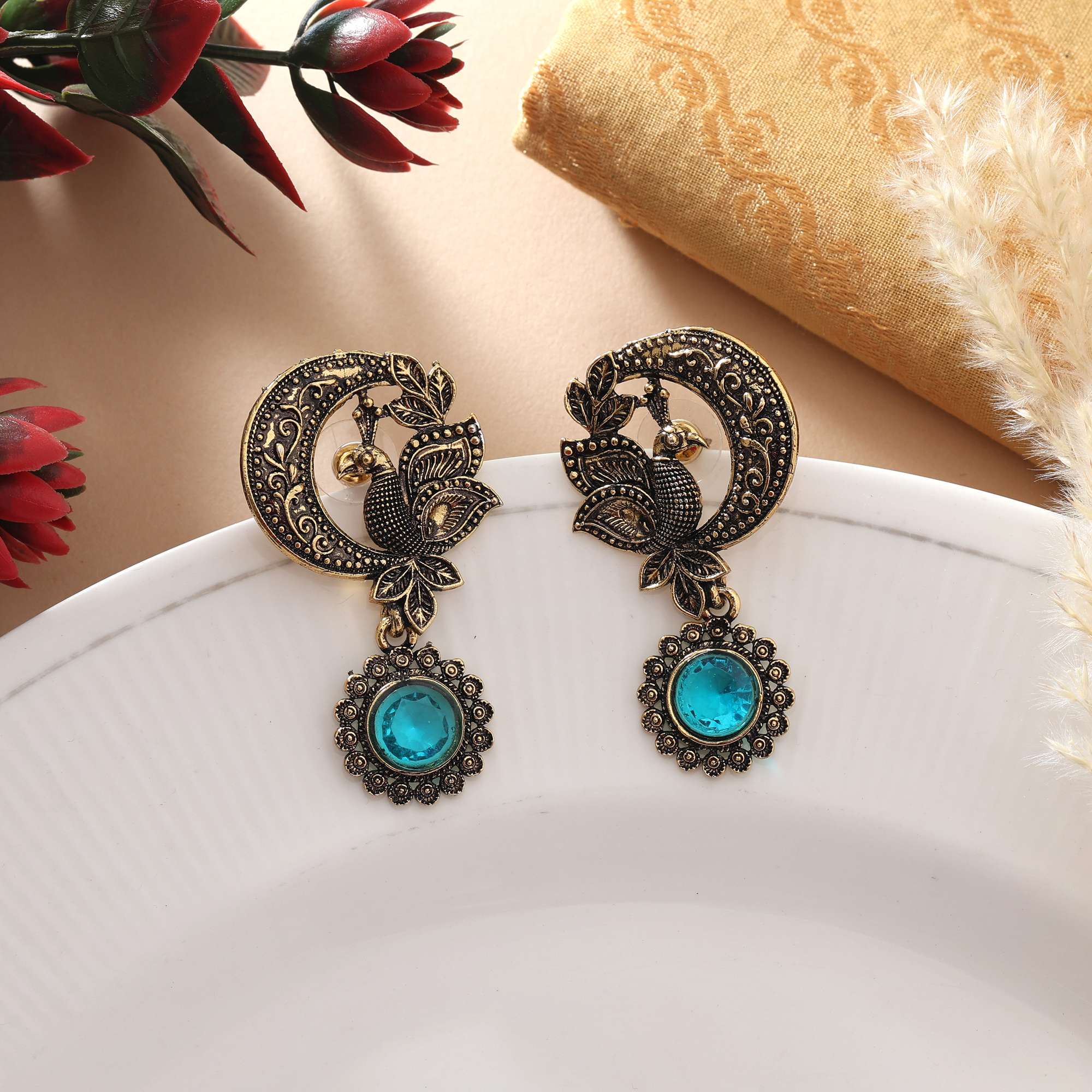 Firozi Color Oxidised Earrings With Intricate Handcrafted Ethnic Detailing For Women