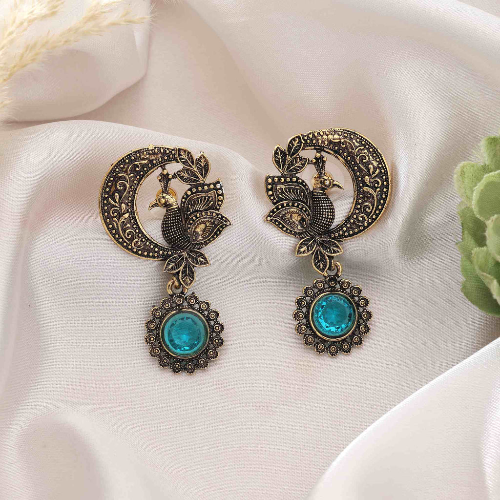 Firozi Color Oxidised Earrings With Intricate Handcrafted Ethnic Detailing For Women