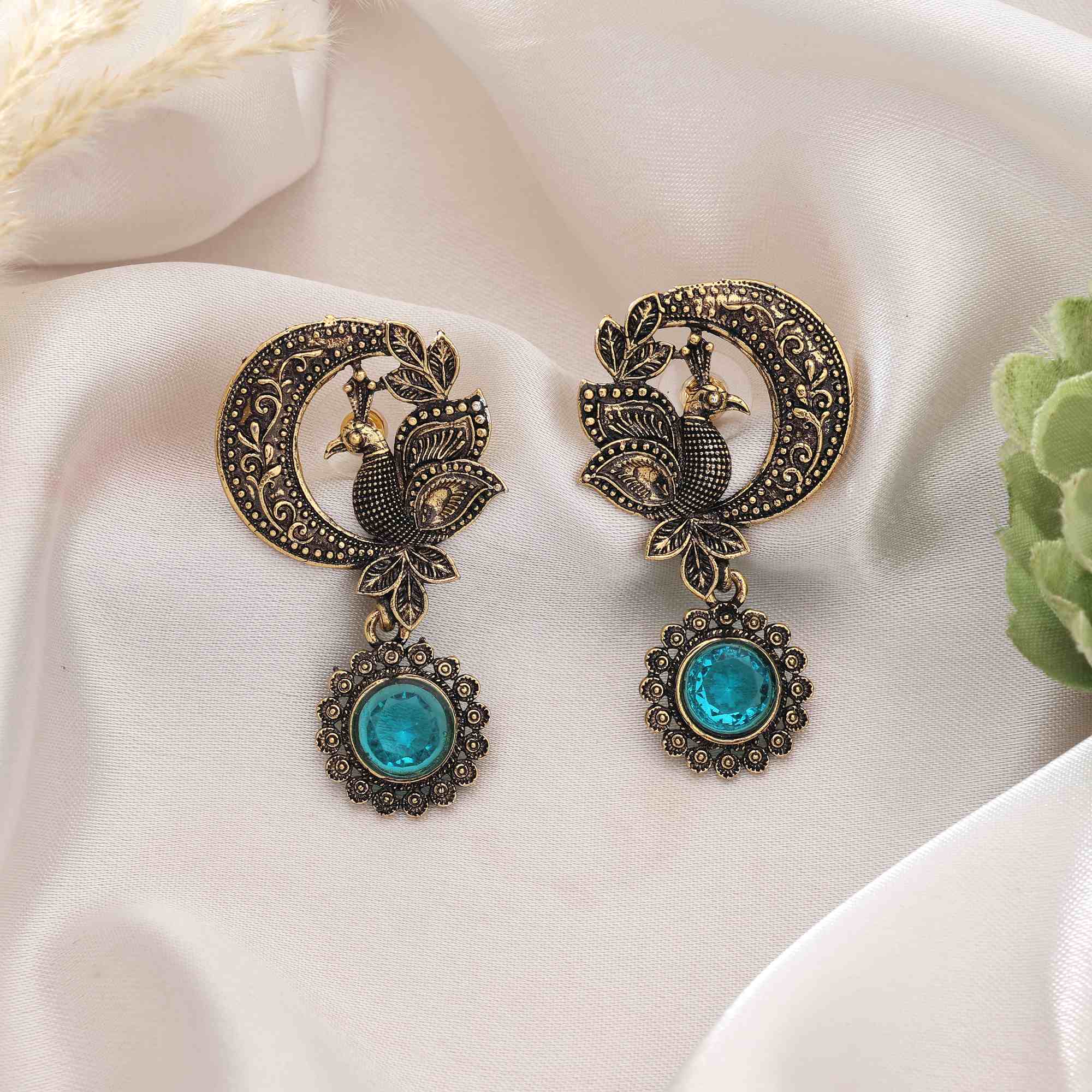 Firozi Color Oxidised Earrings With Intricate Handcrafted Ethnic Detailing For Women