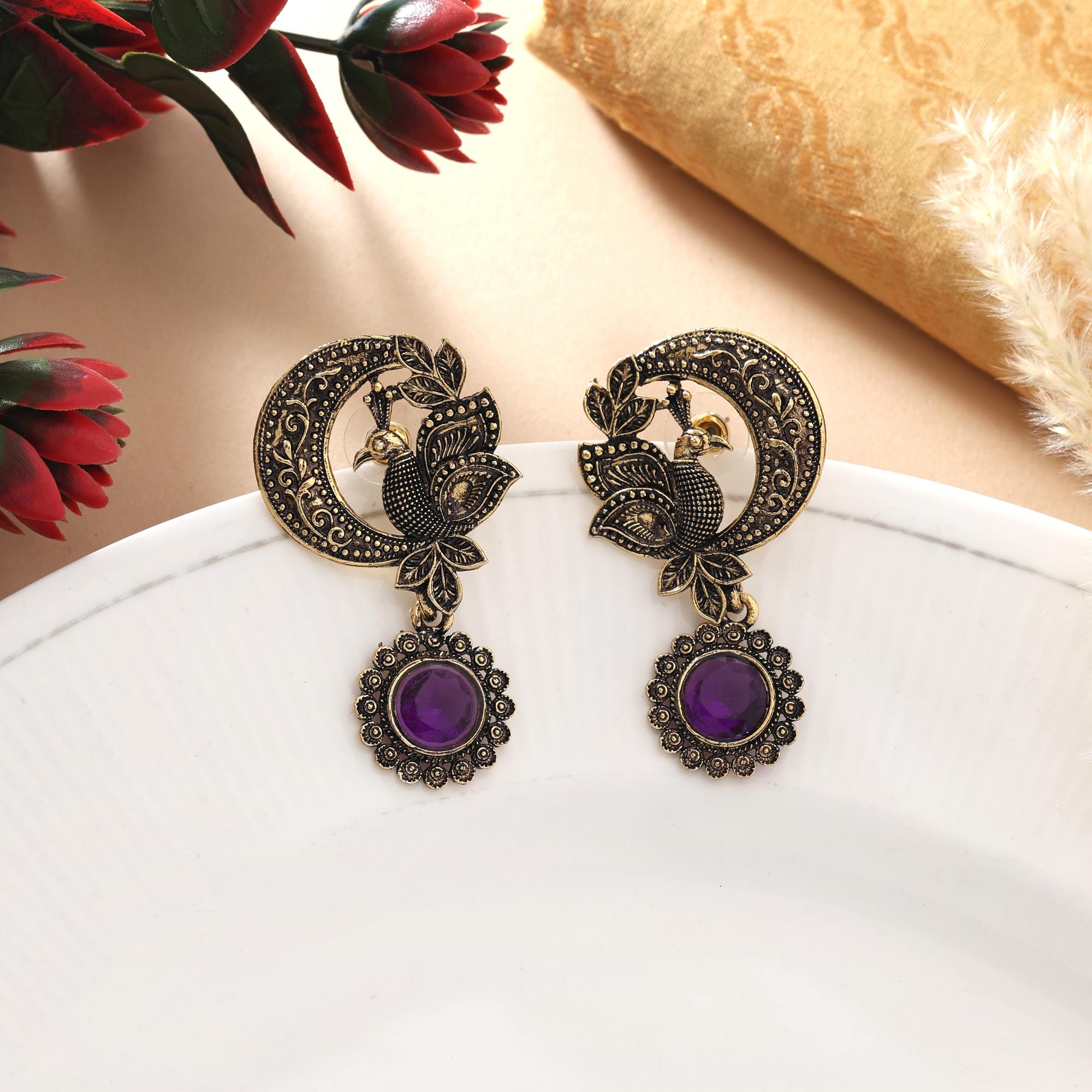 Purple Color Oxidised Earrings With Antique Design And Elegant Silver Finish