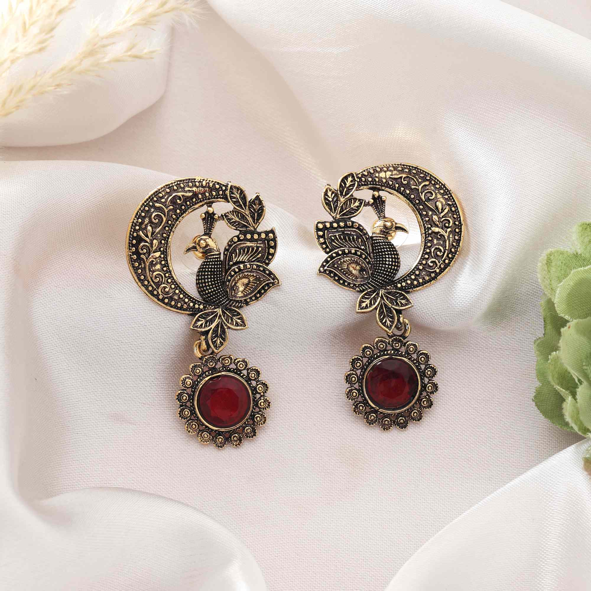 Red Color Oxidised Earrings With Ethnic Bohemian Touch And Handcrafted Style