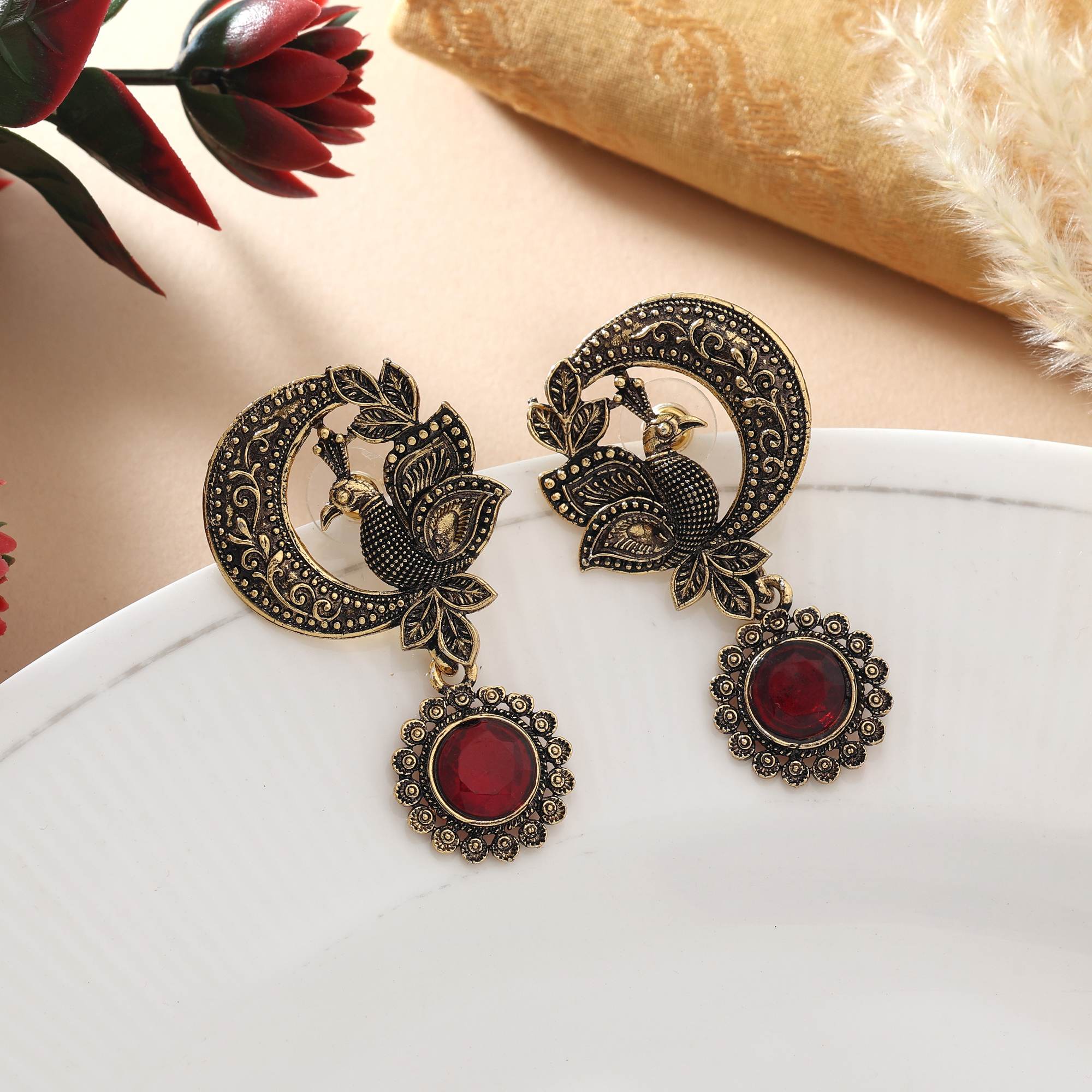Red Color Oxidised Earrings With Ethnic Bohemian Touch And Handcrafted Style