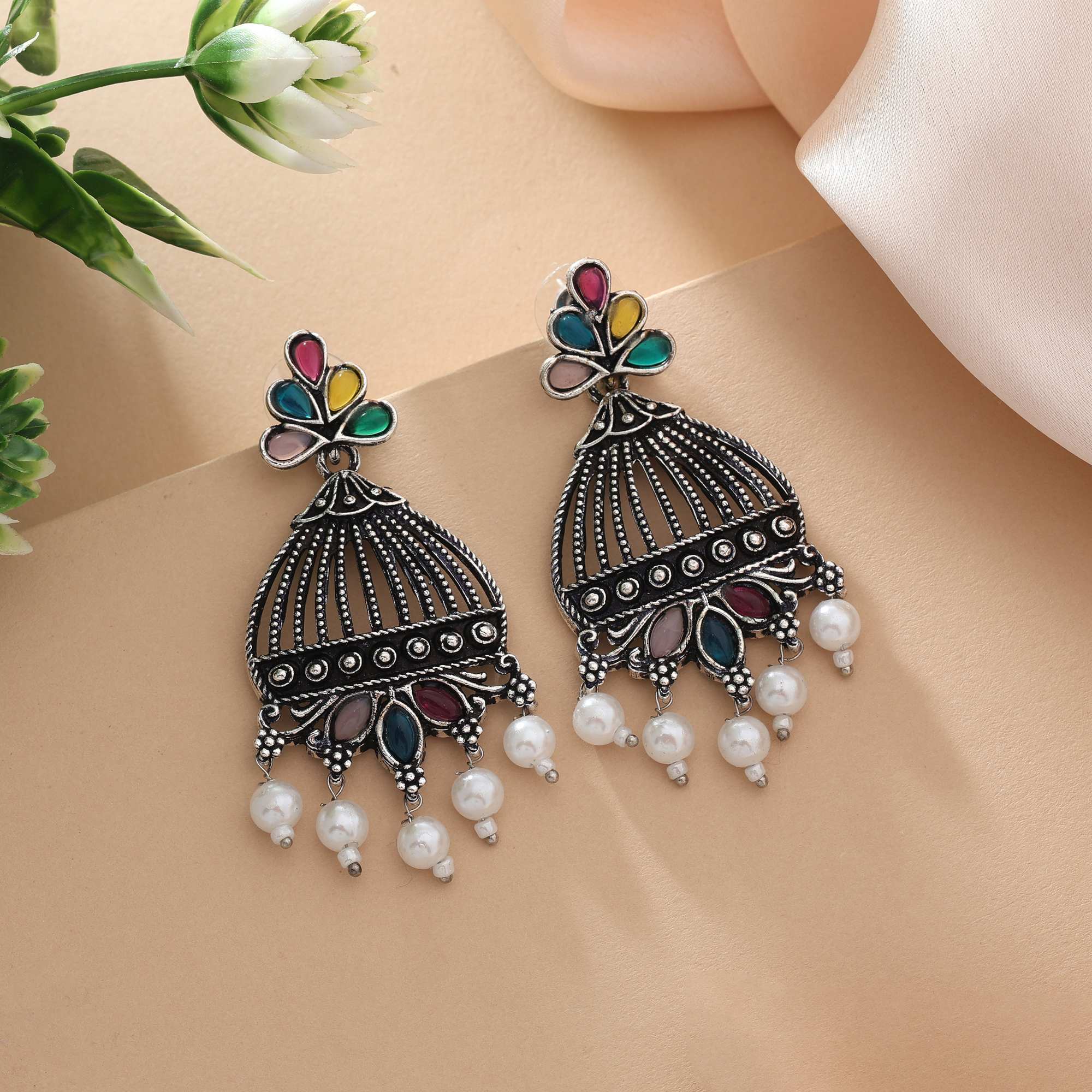 Multi Color Oxidised Earrings With Artistic Beaded Design For Cultural Occasions