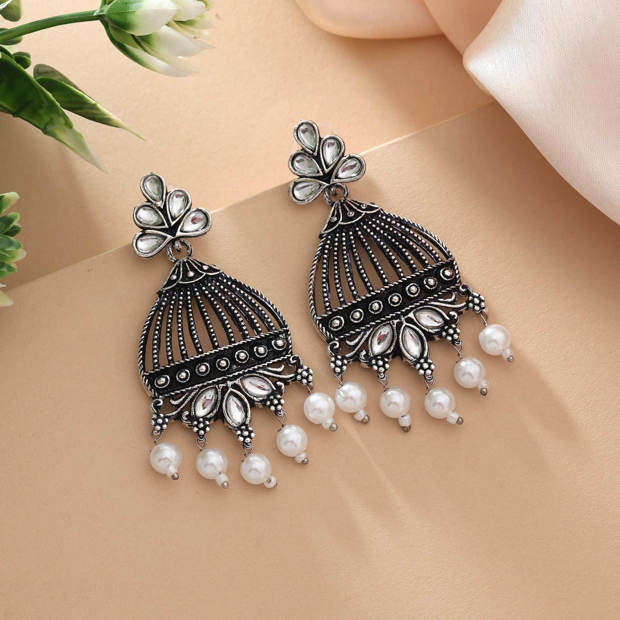 Silver Color Oxidised Earrings With Handmade Craft Detailing And Traditional Look
