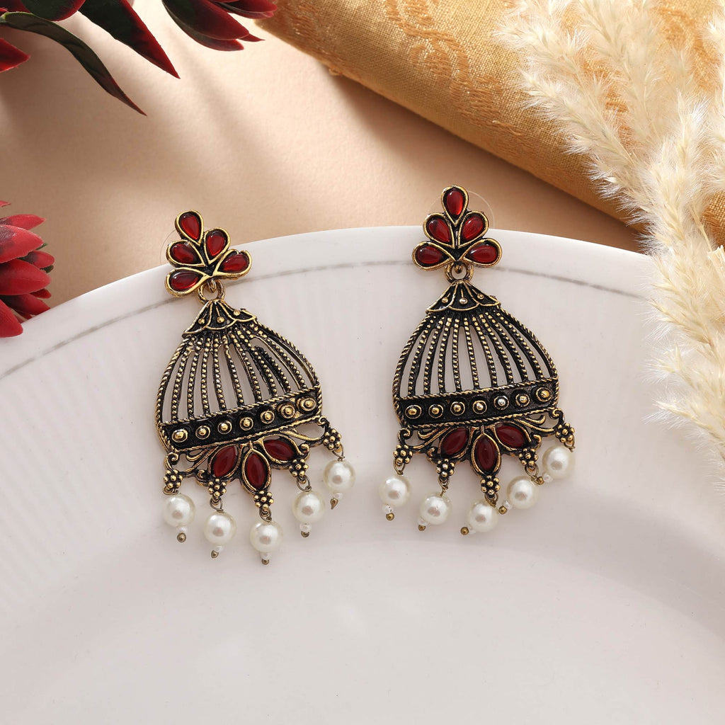 Maroon Color Oxidised Earrings With Royal Traditional Look And Carved Design