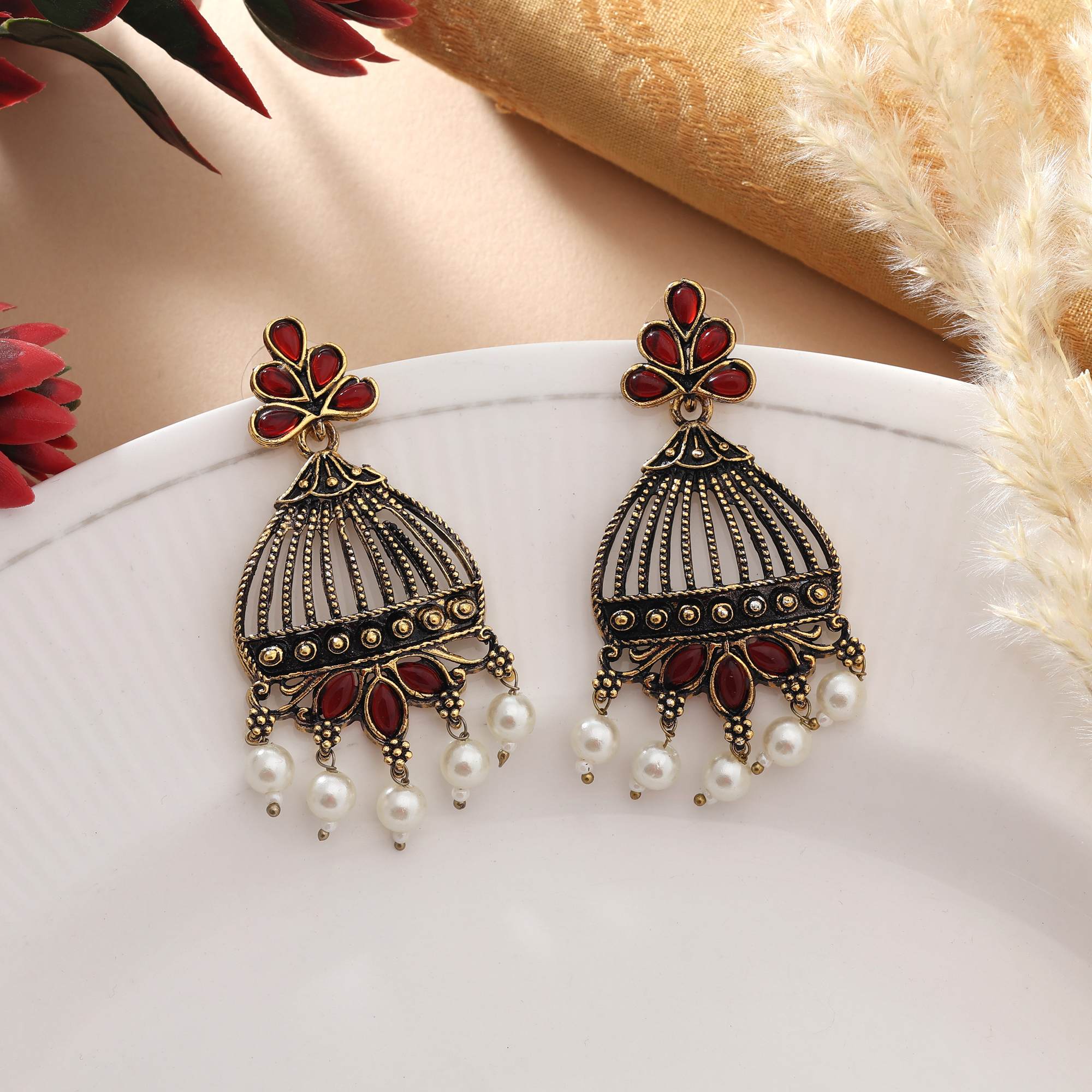 Maroon Color Oxidised Earrings With Royal Traditional Look And Carved Design