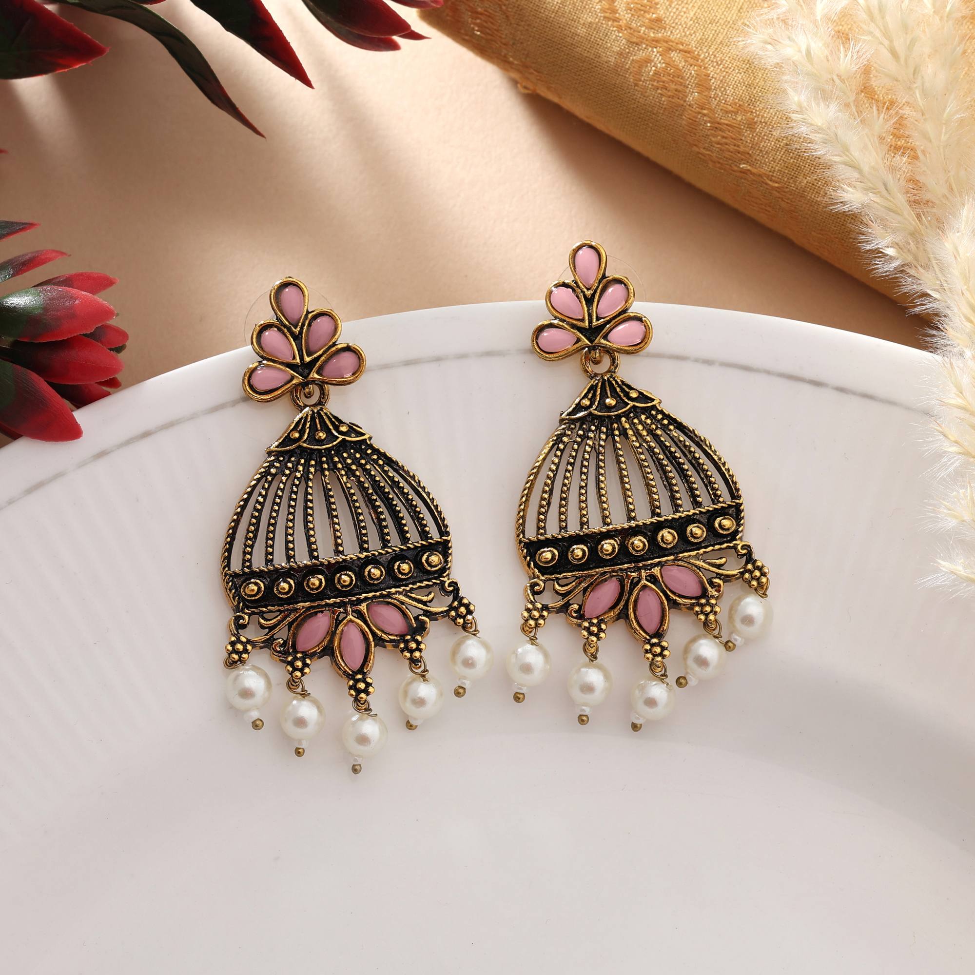 Pink Color Oxidised Earrings With Antique Polish For Elegant Ethnic Statement