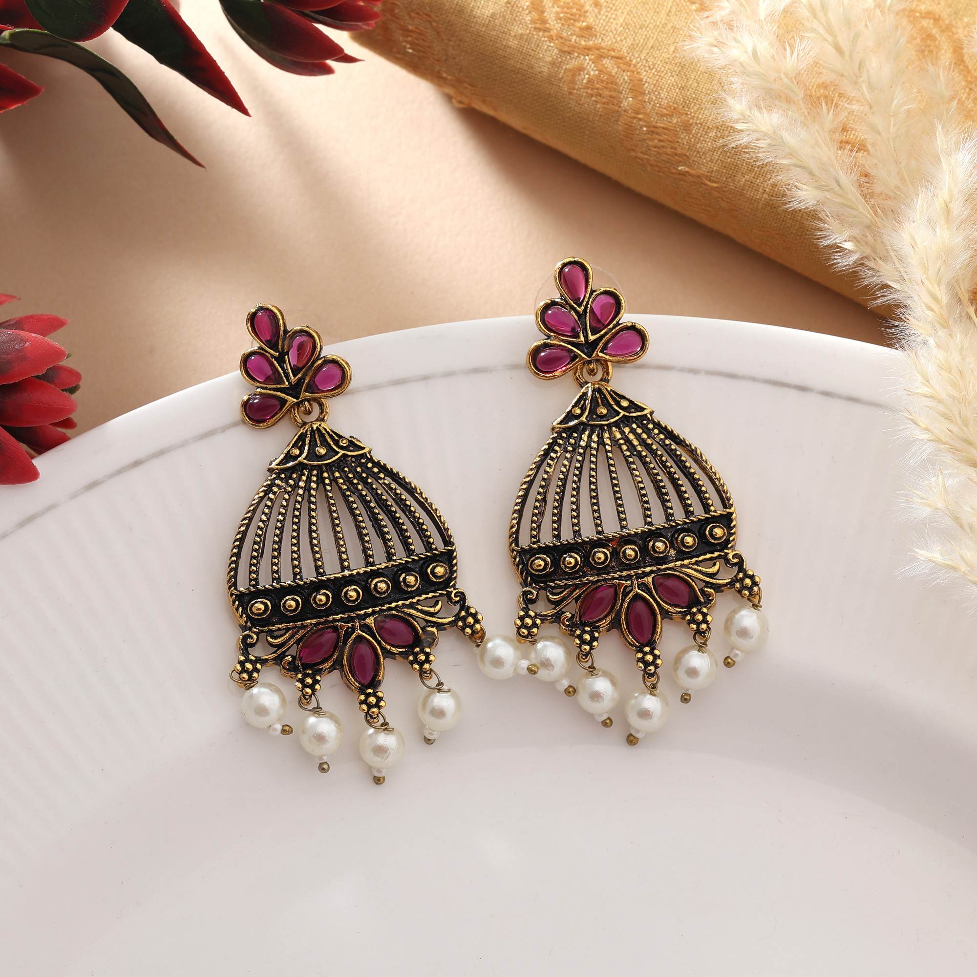 Purple Color Oxidised Earrings With Vintage Silver Touch And Handcrafted Design