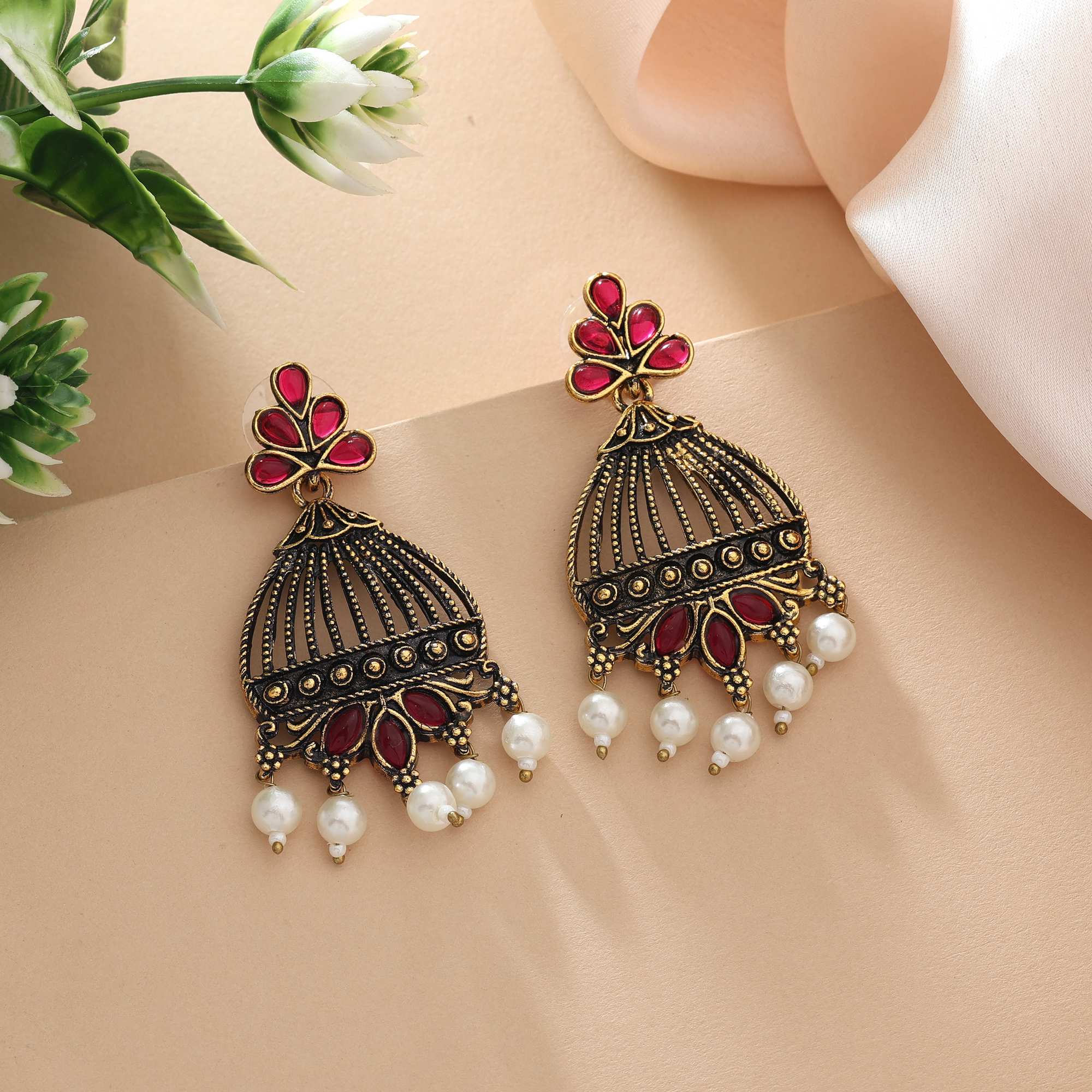 Rani Color Oxidised Earrings With Mirror Inlay And Tribal Style Pattern