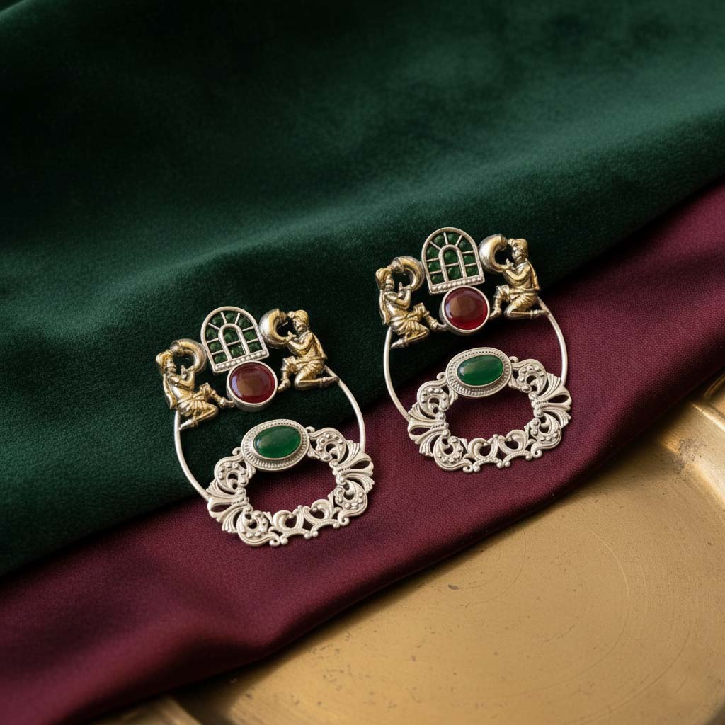 Maroon & Green Color Oxidised Earrings Offering Rich Dual-Tone Artistry For Traditional Ethnic Styling