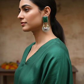 Green Color Oxidised Earrings Created With Dual-Tone Textures To Elevate Cultural Celebration Outfits