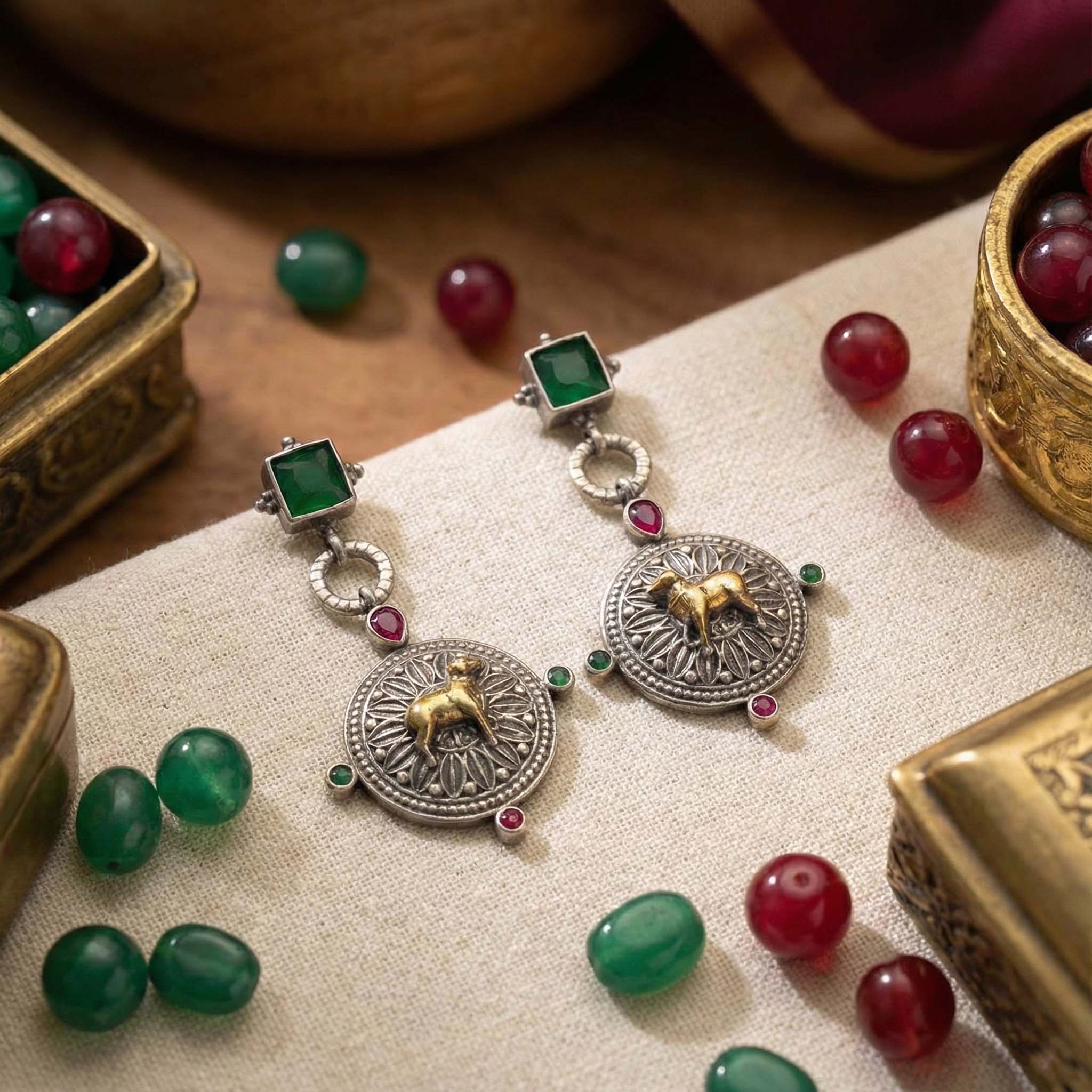 Green Color Oxidised Earrings Designed In Dual-Tone Finish Bringing Refined Festive Sophistication