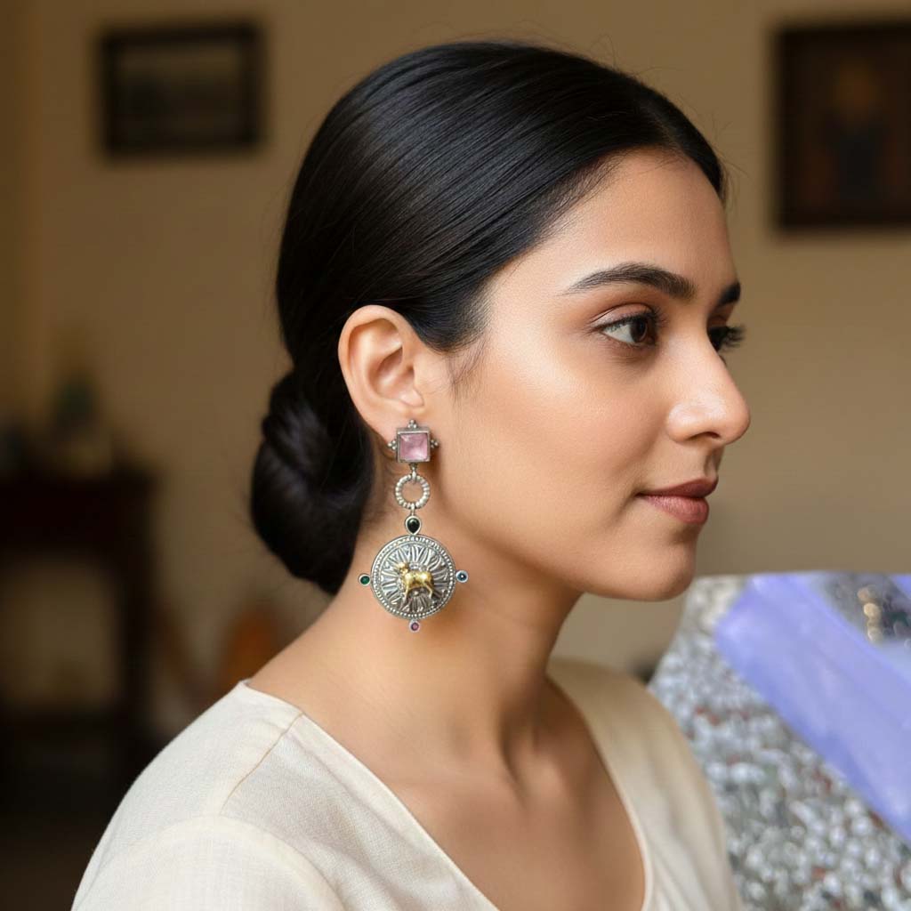 Light Pink Color Oxidised Earrings Featuring Soft Dual-Tone Elegance For Graceful Ethnic Styling