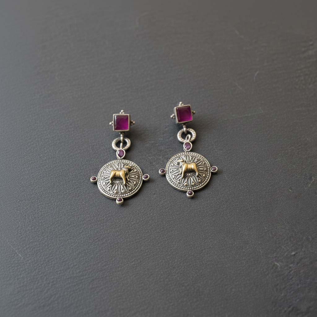 Rani Color Oxidised Earrings Crafted With Dual-Tone Patterns For Vibrant Traditional Fashion Flair