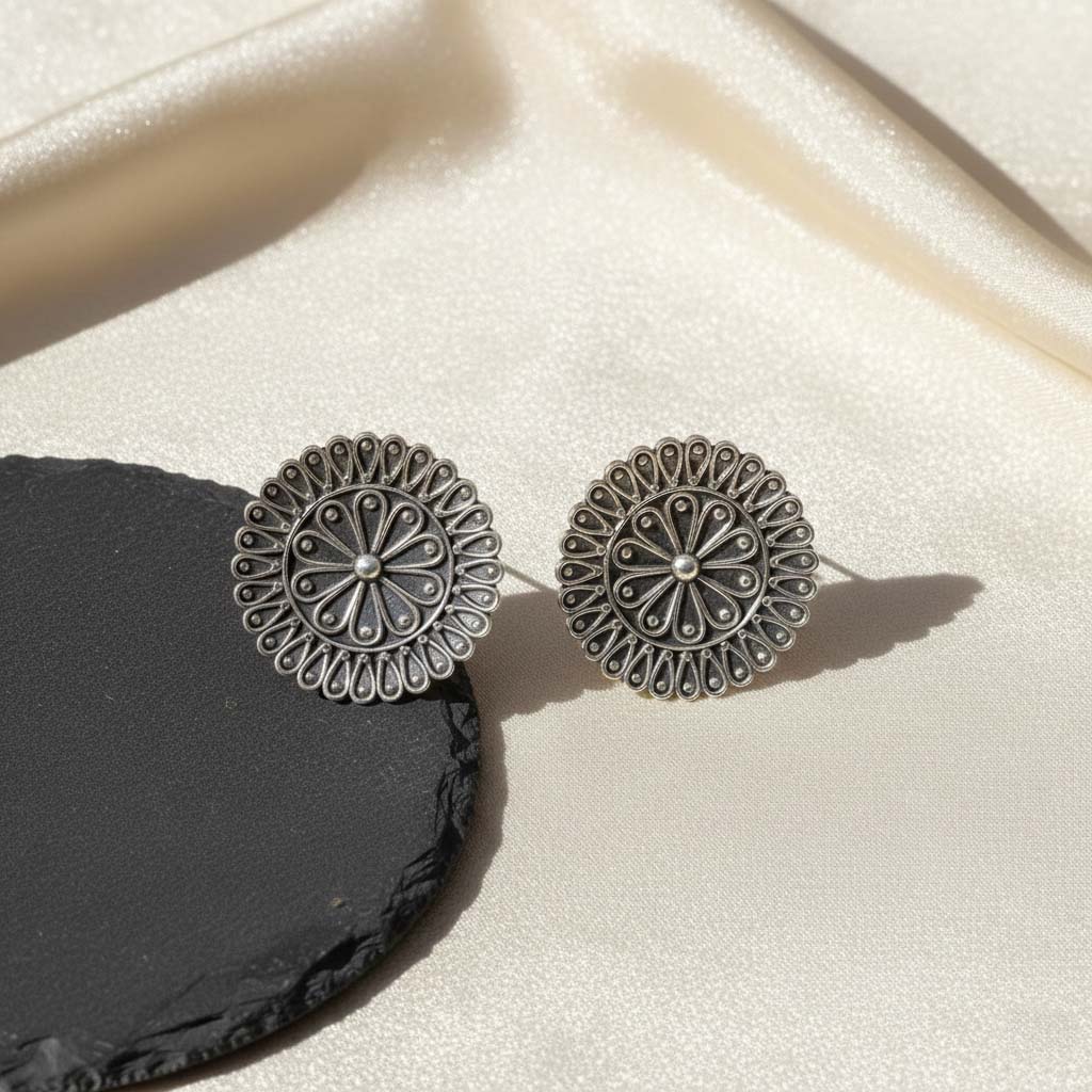 Silver Color Oxidised Earrings Crafted With Classic Oxidised Shine Perfect For Everyday Ethnic Wear