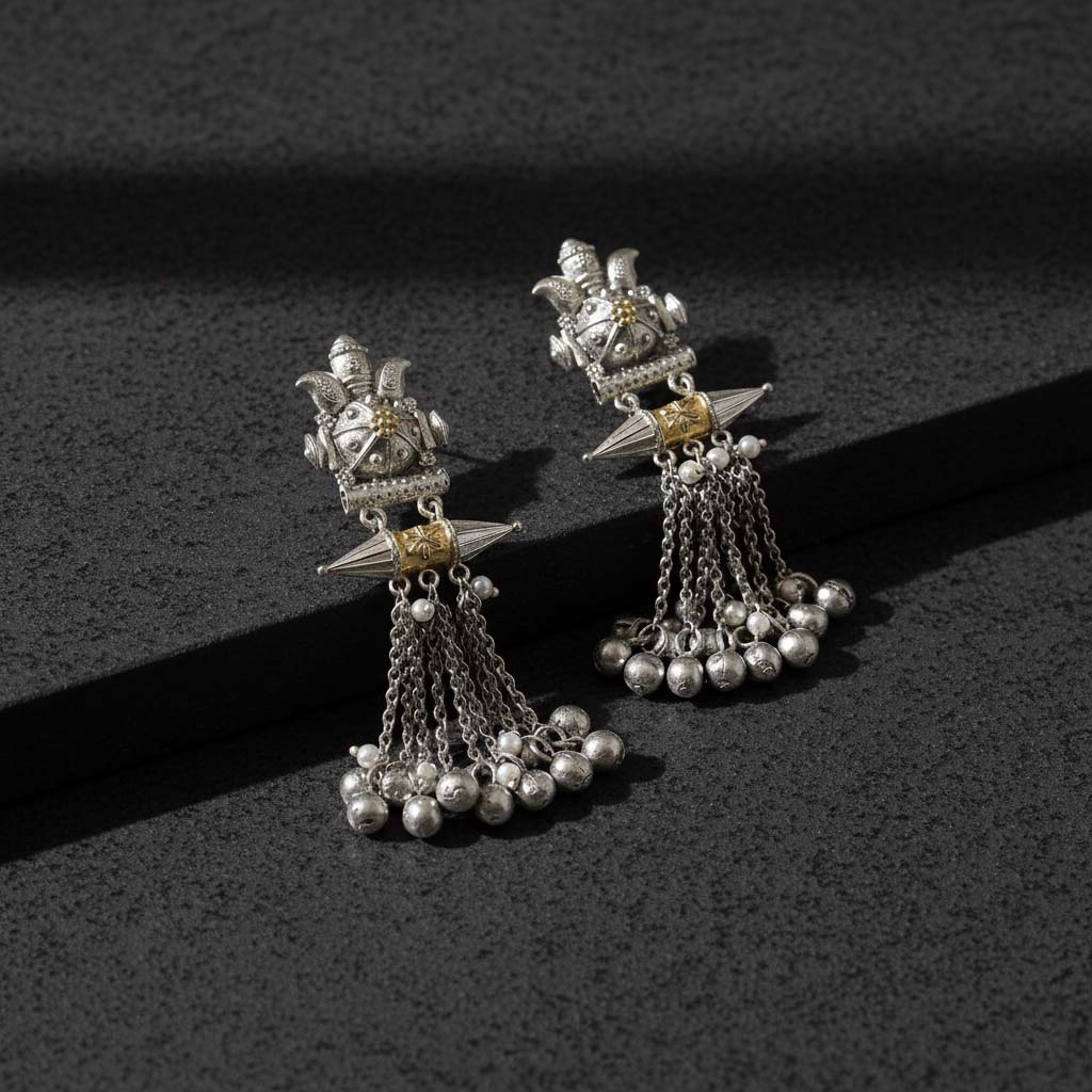 Gold & Silver Color Oxidised Earrings Showing Luxurious Dual-Tone Artistry Ideal For Celebrations