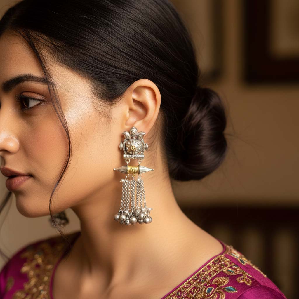 Gold & Silver Color Oxidised Earrings Showing Luxurious Dual-Tone Artistry Ideal For Celebrations