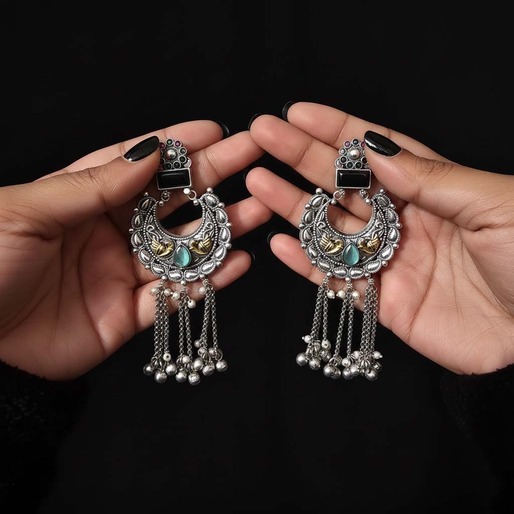 Multi Color Oxidised Earrings Designed With Colorful Dual-Tone Effects For Bold Festive Expressions