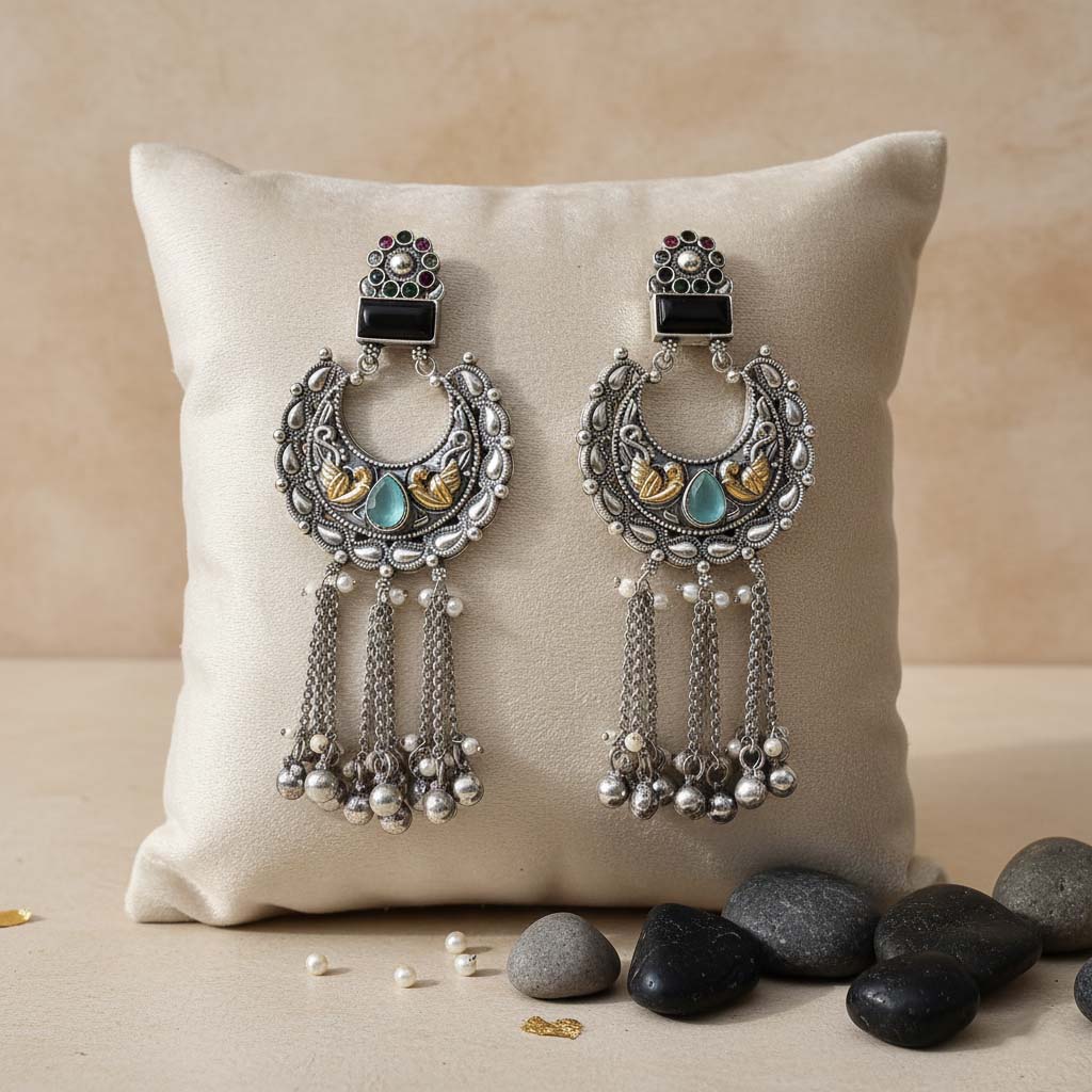 Multi Color Oxidised Earrings Designed With Colorful Dual-Tone Effects For Bold Festive Expressions