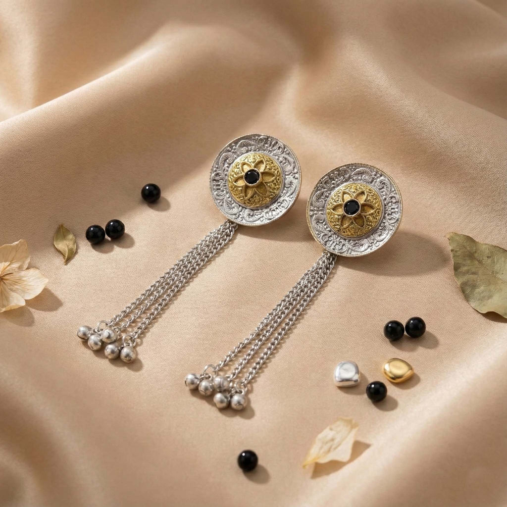 Black Color Oxidised Earrings Featuring Striking Dual-Tone Contrast Ideal For Strong Statement Fashion