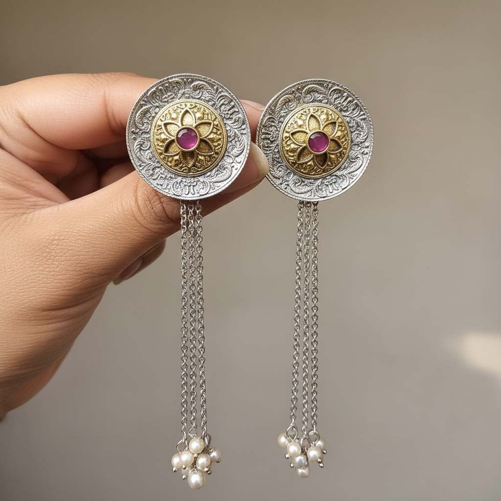 Pink Color Oxidised Earrings Crafted With Dual-Tone Finish To Enhance Elegant Cultural Outfits