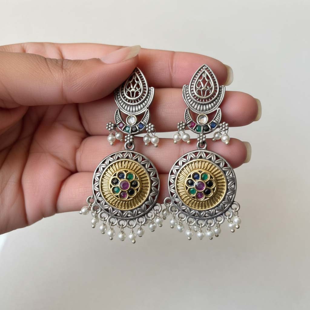 Multi Color Oxidised Earrings Offering Lively Dual-Tone Vibrance Suitable For Joyful Traditional Events