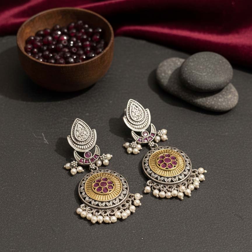 Pink Color Oxidised Earrings Made With Distinctive Dual-Tone Detailing For Charming Festive Appeal