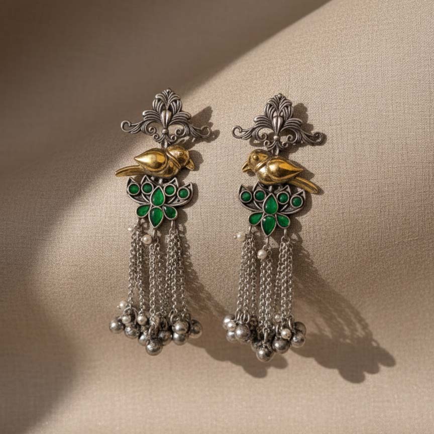 Green Color Oxidised Earrings Highlighting Dual-Tone Craftsmanship Perfect For Festive Ethnic Moments