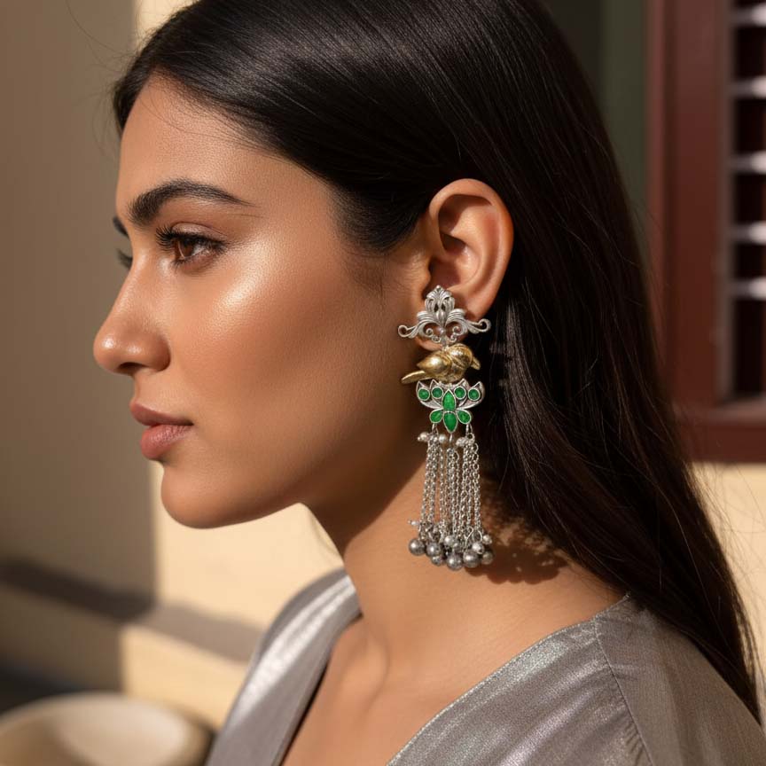 Green Color Oxidised Earrings Highlighting Dual-Tone Craftsmanship Perfect For Festive Ethnic Moments