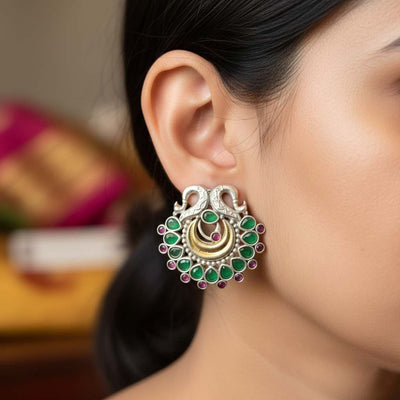 Green Color Oxidised Earrings Displaying Elegant Dual-Tone Contrast Perfect For Festive Gatherings