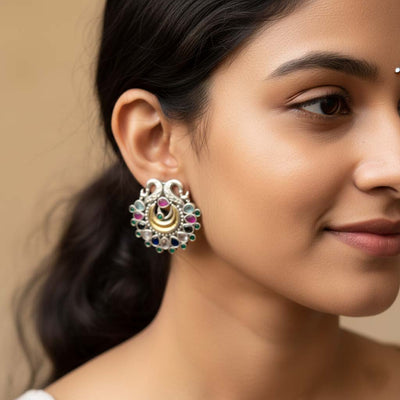 Multi Color Oxidised Earrings Enriched With Artistic Dual-Tone Designs For Colorful Ethnic Ensembles