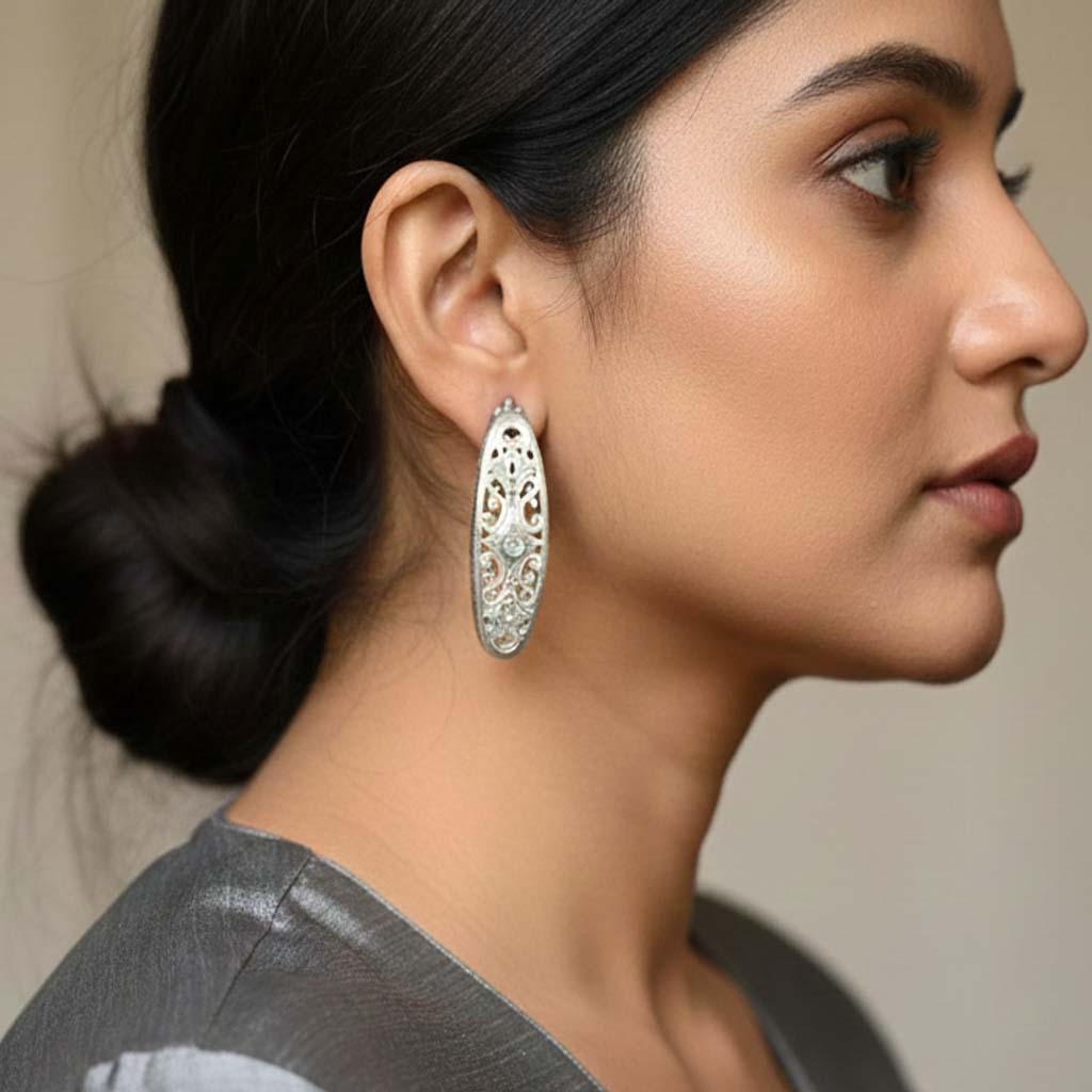 Silver Color Oxidised Earrings Offering Timeless Oxidised Shine Suitable For Daily Traditional Outfits
