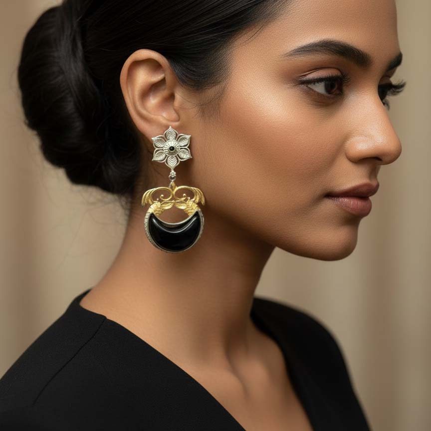 Black Color Oxidised Earrings Featuring Detailed Dual-Tone Metalwork Ideal For Striking Ethnic Fashion