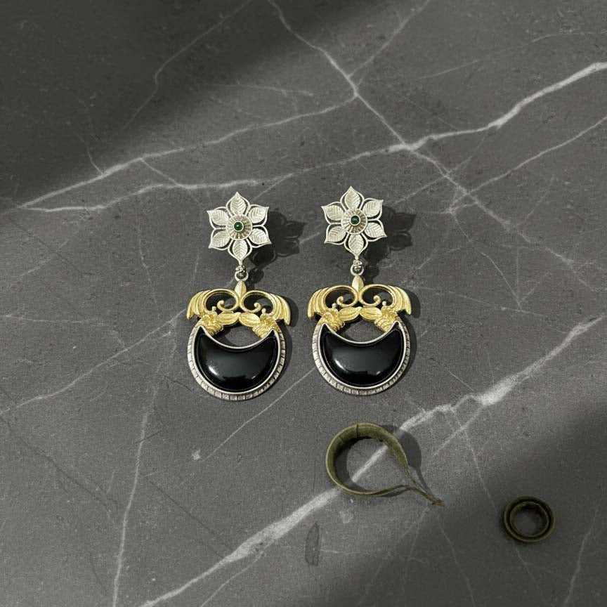 Black Color Oxidised Earrings Featuring Detailed Dual-Tone Metalwork Ideal For Striking Ethnic Fashion