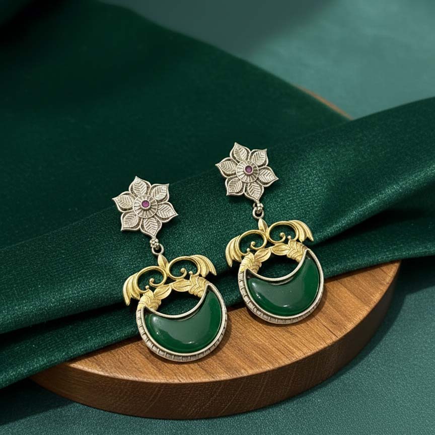 Green Color Oxidised Earrings Embodying Dual-Tone Beauty Perfect For Enhancing Festive Appearances