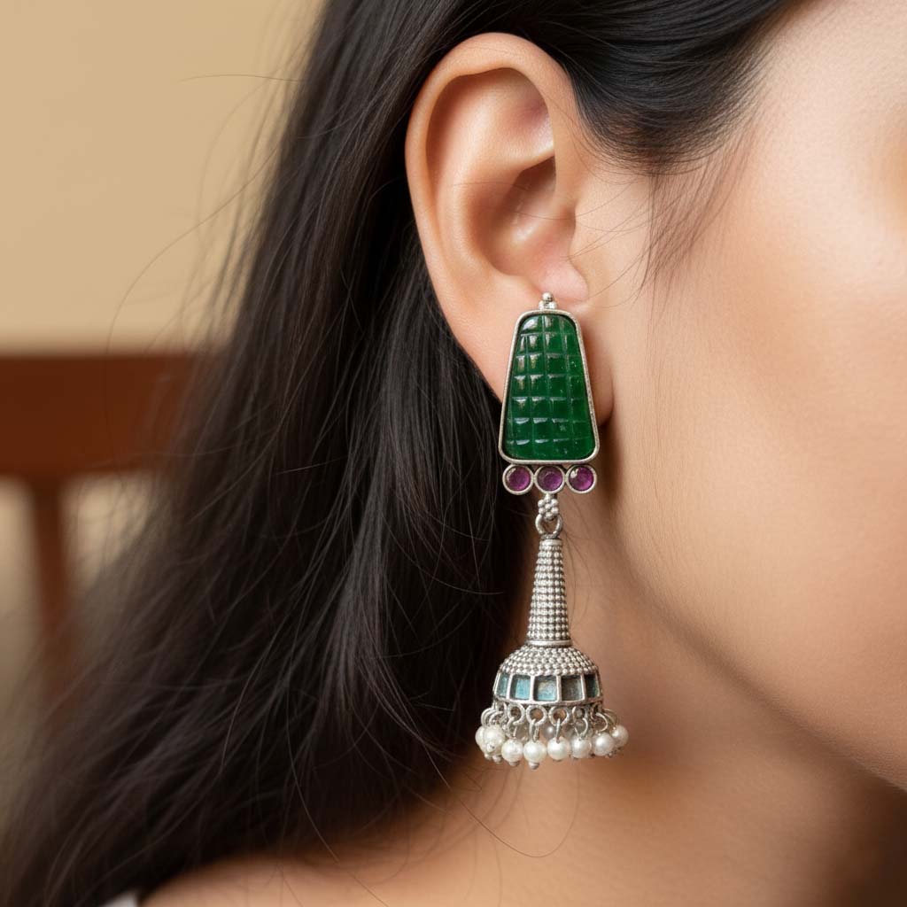 Green Color Oxidised Earrings Crafted With Traditional Oxidised Detailing For Everyday Cultural Elegance