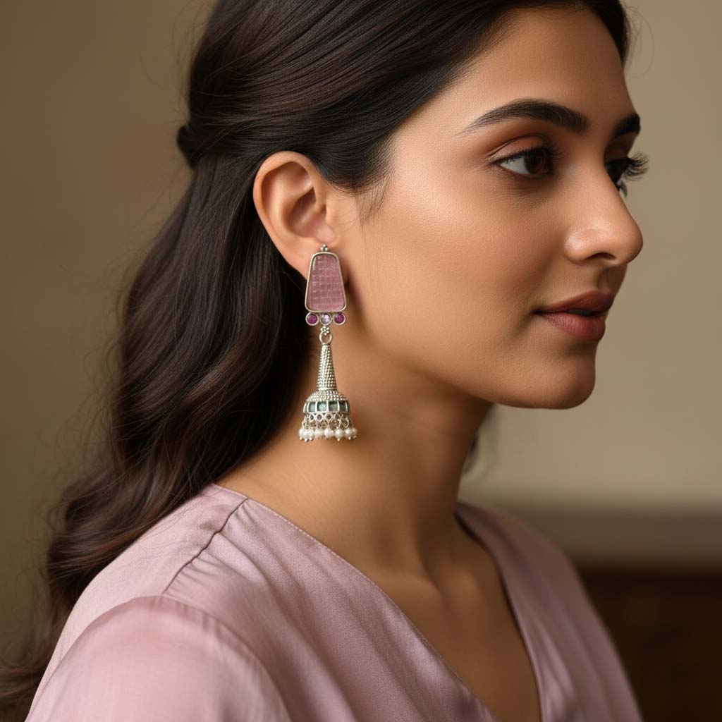 Light Pink Color Oxidised Earrings Offering Delicate Oxidised Charm For Soft Ethnic Fashion Statements