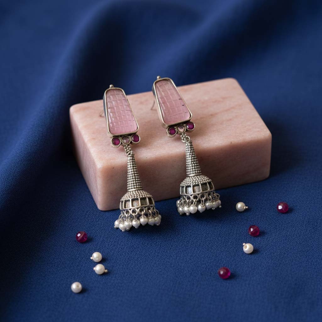 Light Pink Color Oxidised Earrings Offering Delicate Oxidised Charm For Soft Ethnic Fashion Statements