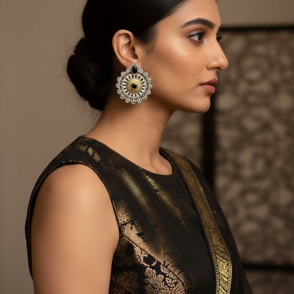 Black Color Oxidised Earrings Created With Expressive Dual-Tone Depth For Strong Cultural Styling